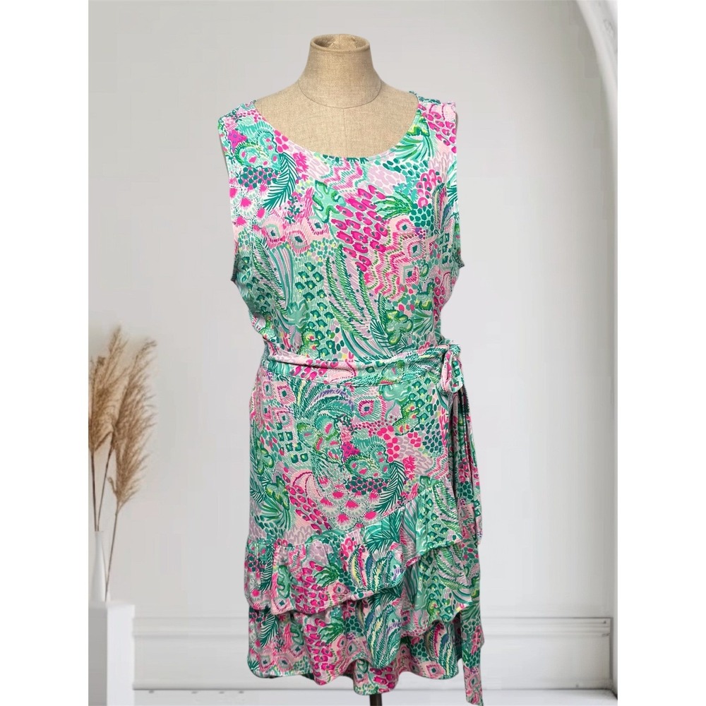Lilly Pulitzer Ashbourne XL Sleeveless Tiered‎ Ruffle Mock Wrap Dress Tropical